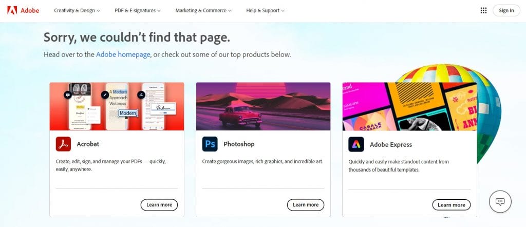 A screenshot of Adobe's 404 page