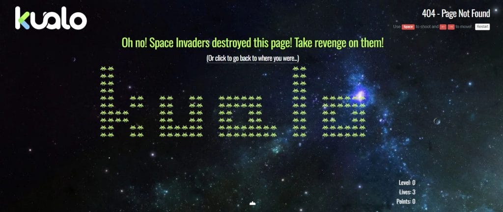 A screenshot of Kualo's 404 page