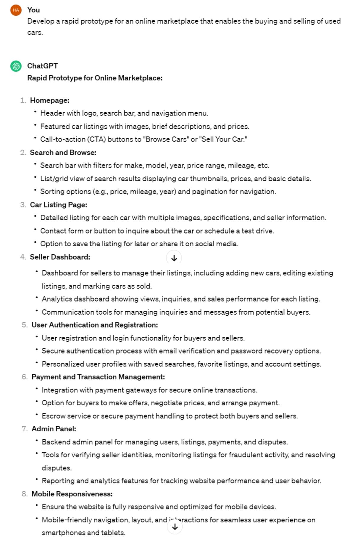 A ChatGPT prompt and response for the question: Develop a rapid prototype for an [online marketplace] that [enables the buying and selling of used cars].
