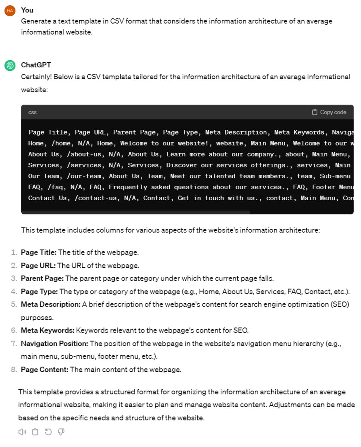 A ChatGPT prompt and response for the question: Generate a text template in CSV format that considers the information architecture of an average [informational] website.