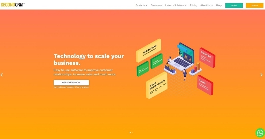 CRM System Second CRM's website homepage, saying, "Technology to scale your business."