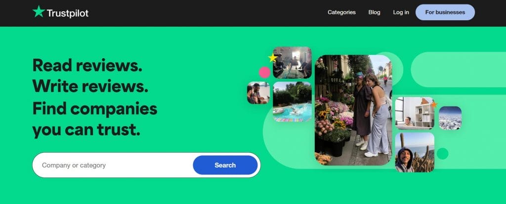 A screenshot of Trustpilot's website homepage