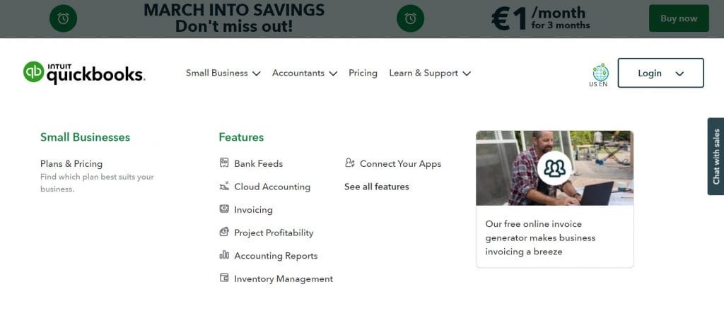 A screenshot of Quickbooks' website mega menu