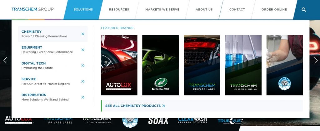 A screenshot of Transchem Group's website mega menu