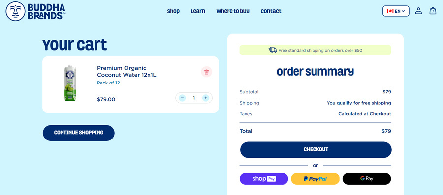 A screenshot of Buddha Brands' checkout area CTAs