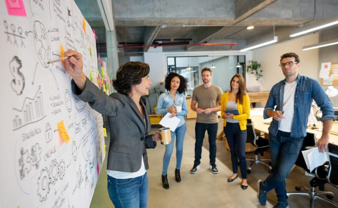 A real estate website design company meeting at a whiteboard