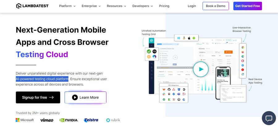 A screenshot of LambdaTest's website homepage