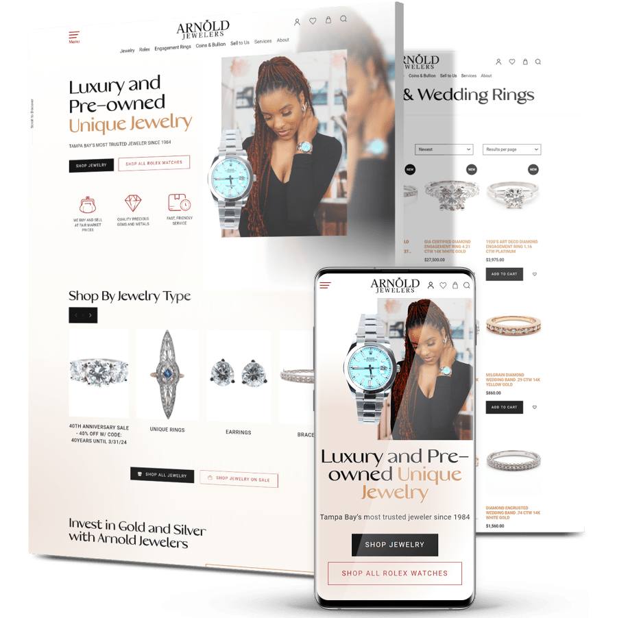 Three screenshots of Arnold Jeweler's website design across devices