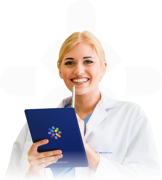 Woman smiling with a TRC Healthcare branded clipboard