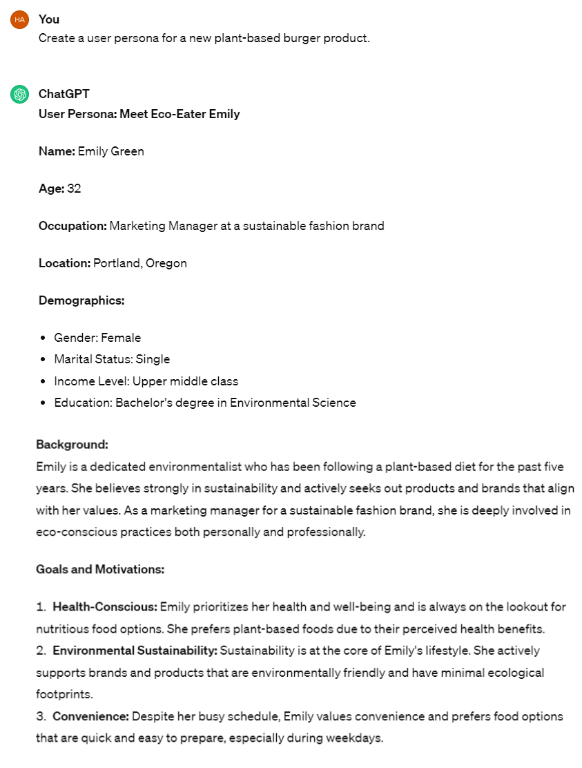 A ChatGPT prompt and response for the question: Create a user persona for a [new plant-based burger product].