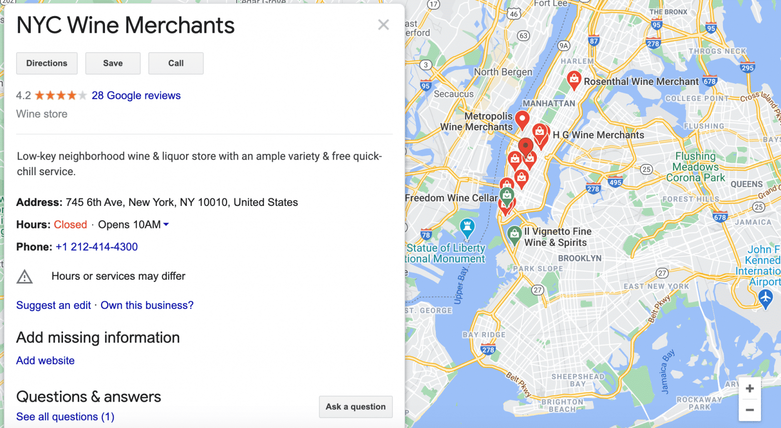 NYC Wine Merchants Google My Business listing