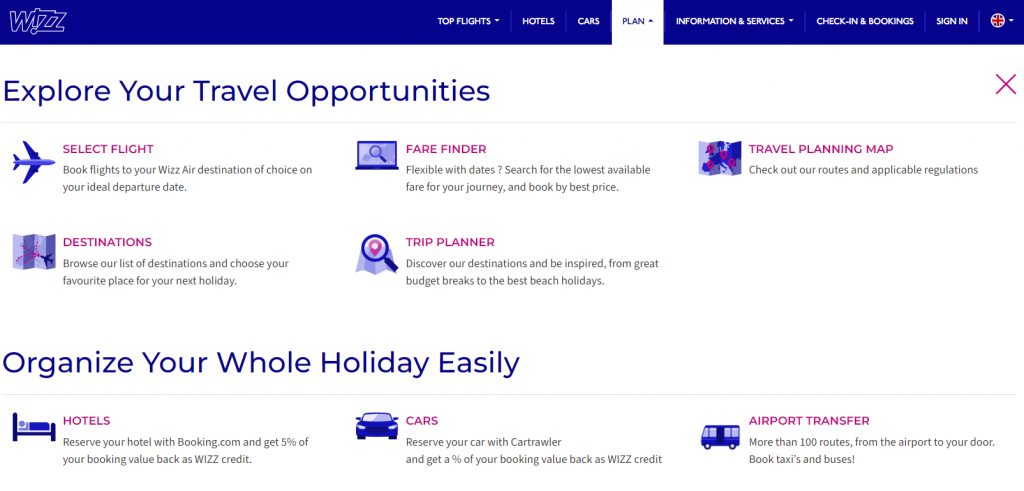 A screenshot of Wizzair's website mega menu